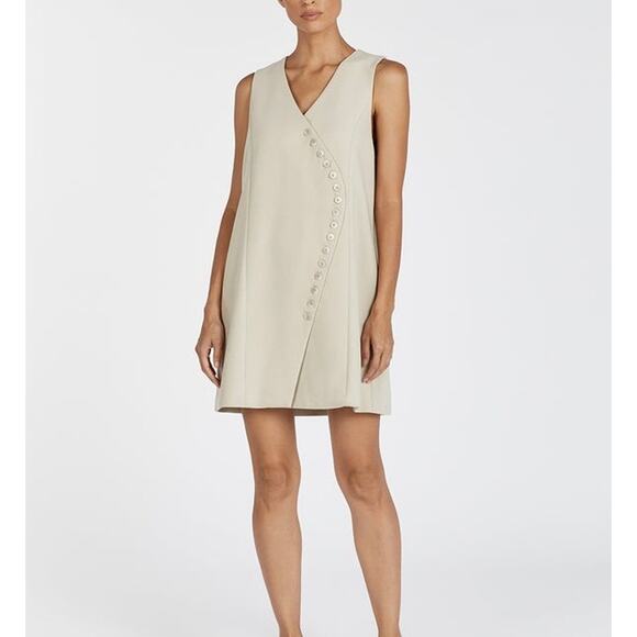 DISSH Celine Pebble Shift Dress Womens 12 Tan Sleeveless Asymmetrical Button NEW - Picture 1 of 16